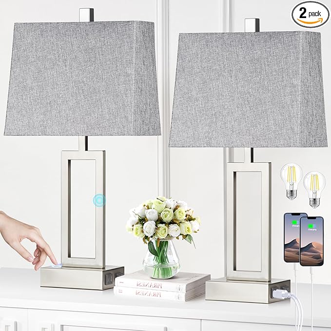 Touch Control Table Lamps Set of 2, Modern Silver Bedside Lamps with USB A+C Ports & AC Outlet, 3 Way Dimmable Contemporary Nightstand Lamps for Bedroom Living Room(LED Bulb Included)