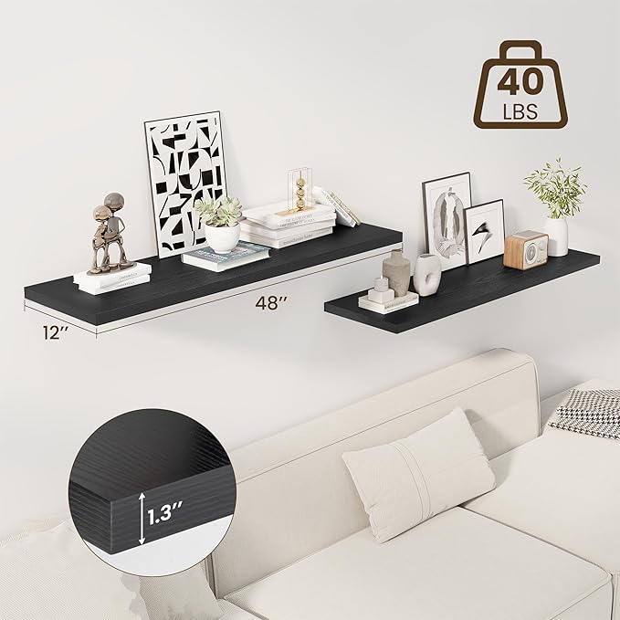 Dreamland 48" Floating Shelves for Wall, 12" Deep Slim Black Floating Shelves, Wall-Mounted Shelves for Bedroom, Living Room, Kitchen, Bathroom - Set of 2