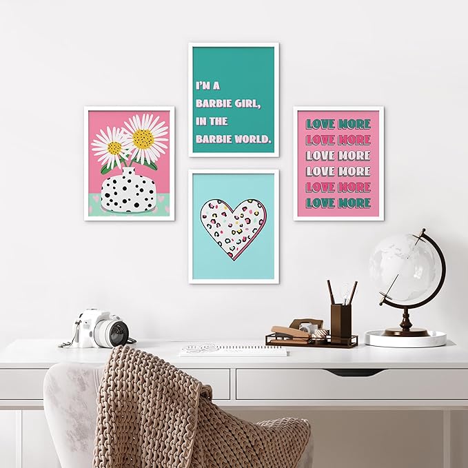 SIGNWIN Framed I'm a Barbie Girl in The Barbie World Wall Art, Set of 4 Heart, Chrysanthemum Illustration Wall Decor Prints, Preppy Room Decor Wall Décor for Living Room, Bedroom - 8"x10" White