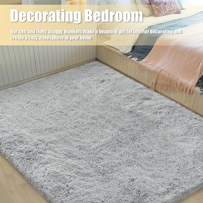 Ultra Soft Fluffy Area Rugs for Bedroom Living Room 10x14, Nursery Rug, Non-Slip Carpet for Kids Dorms Decor, Shaggy Bedside Rug, Light Grey