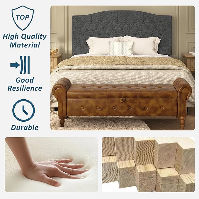 Storage Ottoman Bench for Bedroom, 52" Leather End of Bed with Rolled Arms, Upholstered Ottoman Fit for Living Room, Entryway, Faux Leather Brown