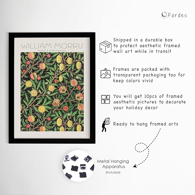 Framed Wall Art Set, Green Botanical Prints, Set of 10 pcs Eclectic Framed Posters for Room Decor, William Morris Wall Art, Aesthetic Nature-Inspired Gallery Wall Decor for Living Room, Bedroom, Kitchen