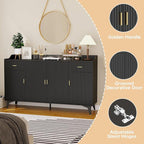 Sideboard Buffet Cabinet with Drawers: 63" Black Fluted Sideboard Cabinet with 2 Drawers and 4 Doors, Modern Wood Credenza Storage Cabinet, Large Accent Cabinets for Living Room (63")