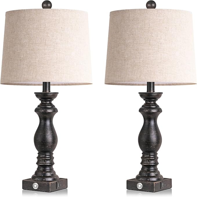 24.5" Table Lamp Set of 2, Rustic Farmhouse Bedside Lamps with USB A+C Charging Ports, 3-Way Dimmable Touch Control Nightstand Lamps for Living Room Bedroom, Antique Black, LED Bulbs Included