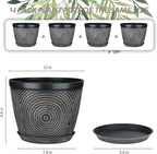 Quarut 12 Inch 4 Pack Large Plant Pots, Plastic Flower Pot for Indoor & Outdoor with Drainage Holes & Saucer, Circle Pattern Planters Garden Pots for Herbs