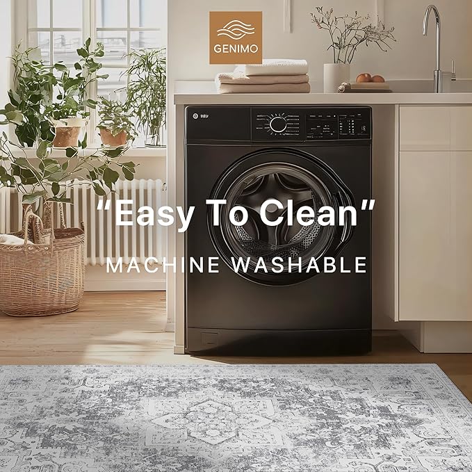 GENIMO Runner Rug 2x6, Machine Washable Non Slip Vintage Hallway Runner Rug, Low Pile Lightweiht Mat for Living Room, Entryway, Bedroom, Kitchen and Corridor, Gray