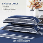 Y-PLWOMEN Quilt King Size - 100% Cotton King Size Bedspread, Navy Blue Striped Quilt for King Bed, Lightweight Reversible All Season, 3-Piece