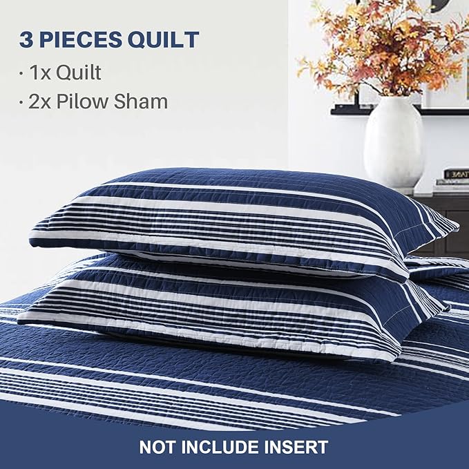Y-PLWOMEN Quilt King Size - 100% Cotton King Size Bedspread, Navy Blue Striped Quilt for King Bed, Lightweight Reversible All Season, 3-Piece