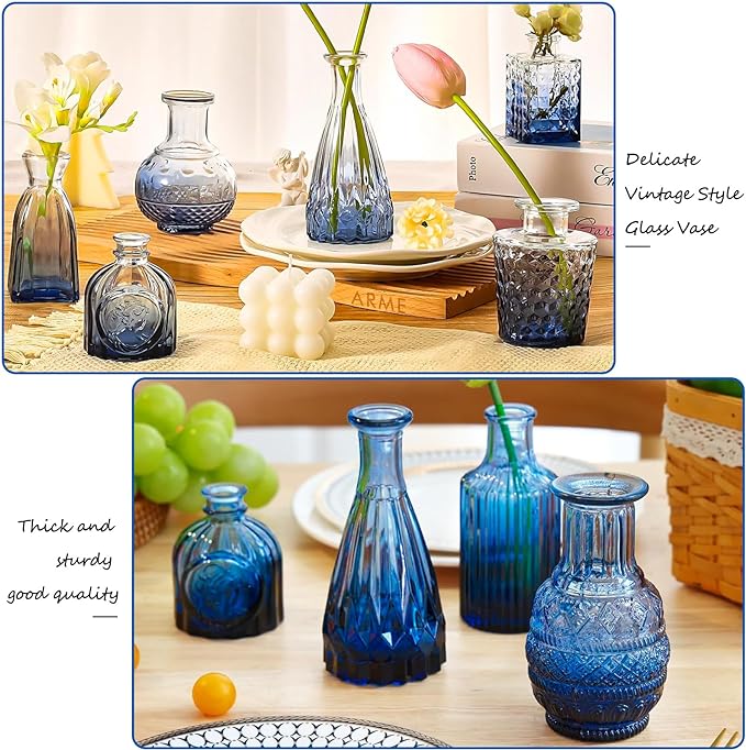 Blue Glass Bud Vase Set,20Pcs Small Glass Vase for Flowers, Blue Bud Set in Bulk,Mini Single Vintage Design for Centerpiece Rustic Wedding Decorations Home Table Flower Décor