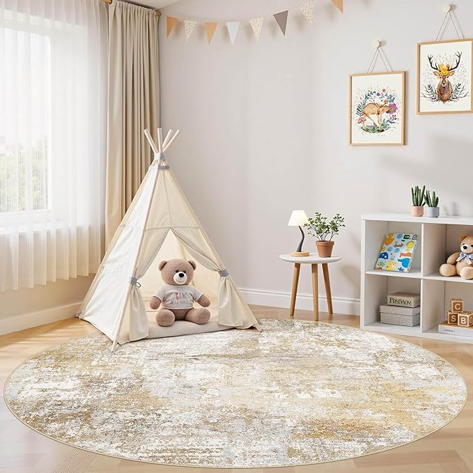 Tortania Washable 5' Round Area Rug for Living Room: Modern Abstract Neutral Large So' Thin Rugs - Non Slip Indoor Carpet for Bedroom Dining Room Office Nursery Home Floor Decoration - Brown Grey