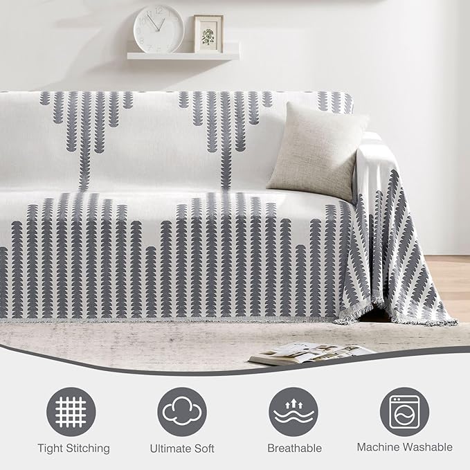 Couch Cover Boho for Dogs Washable Grey Couch Covers for 2 Cushion Couch, Chenille Sectional Couch Covers L Shape Sofa Cover, Furniture Protector for Kids, Pets, Grey 91" X118"