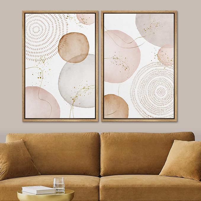 SIGNFORD Framed Wall Art Print Set Pastel Pink Gray Watercolor Circles Abstract Shapes Illustrations Modern Minimalist Relax/Calm Multicolor for Living Room, Bedroom, Office - 24"x36"x2 Natural