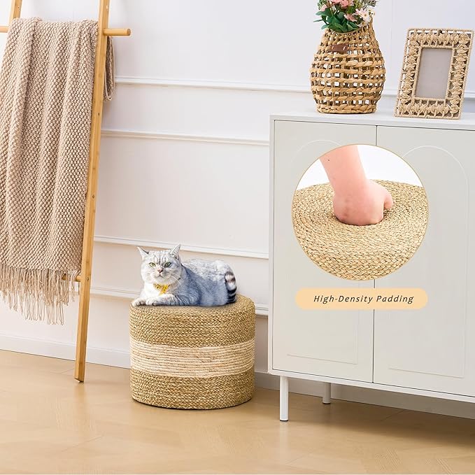 Handwoven Seagrass Ottoman Pouf, Round Outdoor Footstool with Sturdy Frame, No Assembly Needed, Boho Accent Stool for Indoor & Outdoor Use – Patio, Balcony, Living Room (Seagrass White)