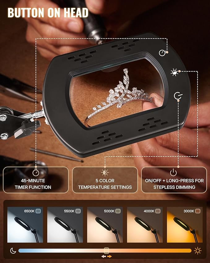 10X Square Magnifying Glass with Light and Stand, 2-in-1 LED Lighted Desk Lamp & Clamp, 5 Color Modes Stepless Dimmable, Hands-Free Magnifier Desk Lamp for Reading Craft Close Work B01DL05