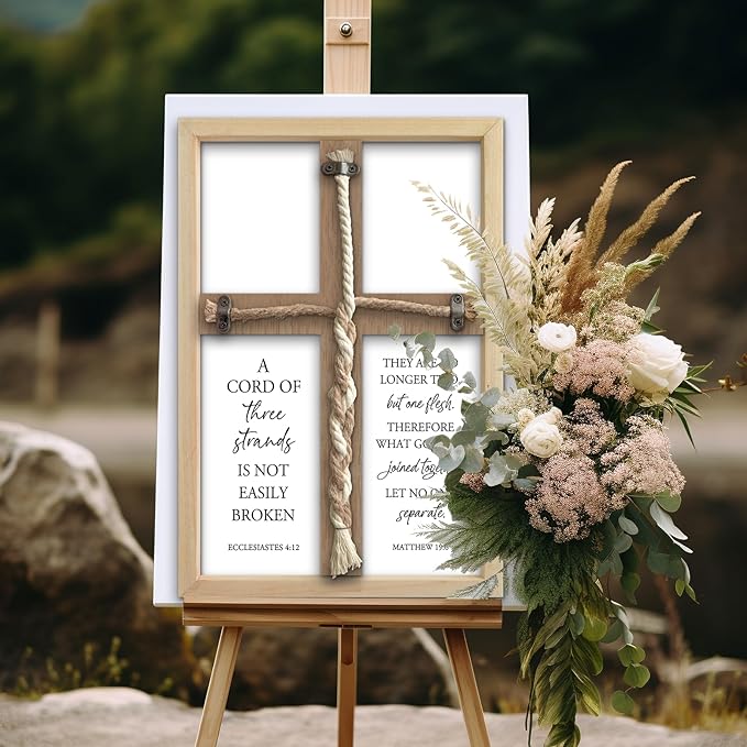 flowtorely A Cord of Three Strands Wedding Ceremony Unity Wall Decor 15"X10" Matthew 19 6 Christian Marriage Prayer Cross Sign Framed Wall Hanging Art (Wood)