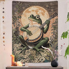 Lunerfex Moonlit Banjo Frog Wall Tapestry, Whimsical Amphibian Musician Tapestries for Room Decor, Folk Art Tapestry 44L x 60W