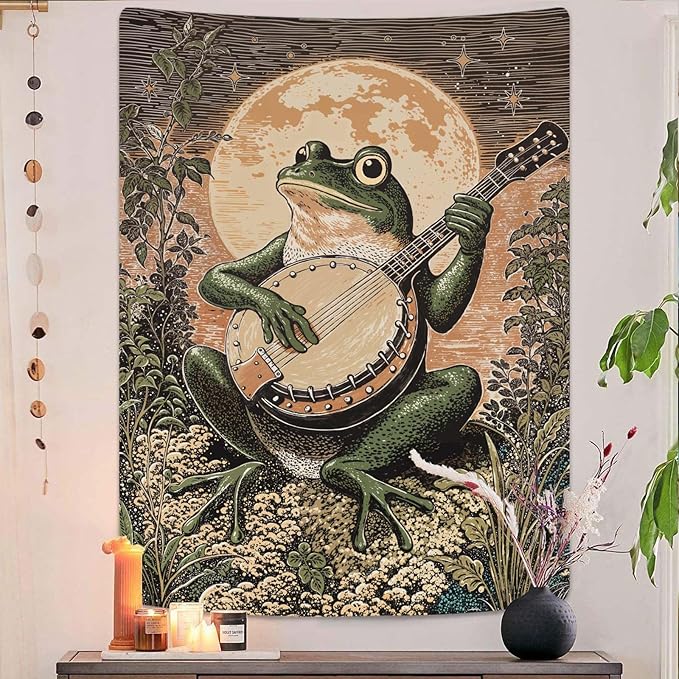 Lunerfex Moonlit Banjo Frog Wall Tapestry, Whimsical Amphibian Musician Tapestries for Room Decor, Folk Art Tapestry 60L x 80W
