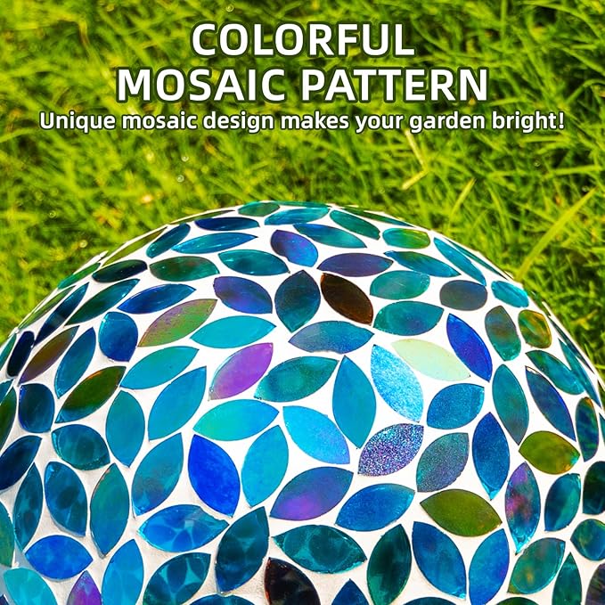 VOREEN 10-Inch Gazing Ball Glass Mosaic Gazing Globe, Outdoor Reflective Ball Yard Decoration for Homes, Patio, Lawn and Gardens, Gift for Mom Wife Friend, Blue and Amber