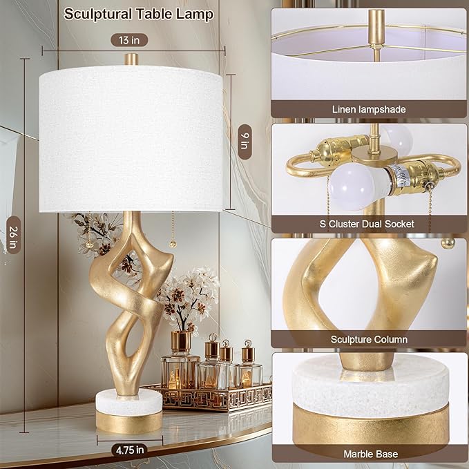Scenekoy Sculptural Table Lamp Set of 2 with USB Ports for Bedroom Living Room, 26” Gold Leaf Marble Base Bedside Lamps, Pull Chains Switch Modern Nightstand Lamp for Home Room Decor (Bulbs Included)