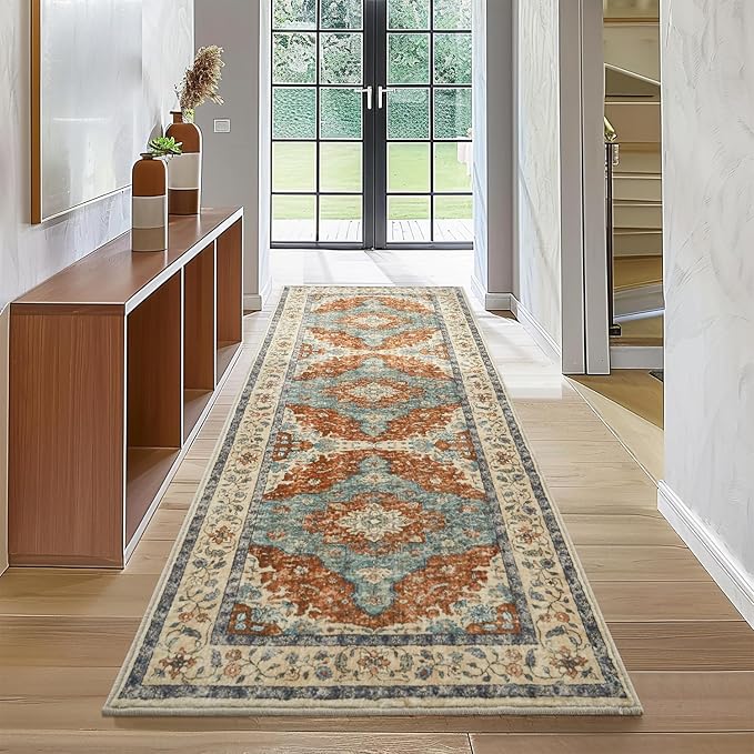 Topllen Runner Rug - 2'x6' Boho Washable Kitchen Rug, Non-Slip Soft Low Pile Rugs Indoor for Entrance Living Room Bedroom Bathroom,Vintage Throw Hallway Carpet Stain Resistance (Rust, 2x6ft)