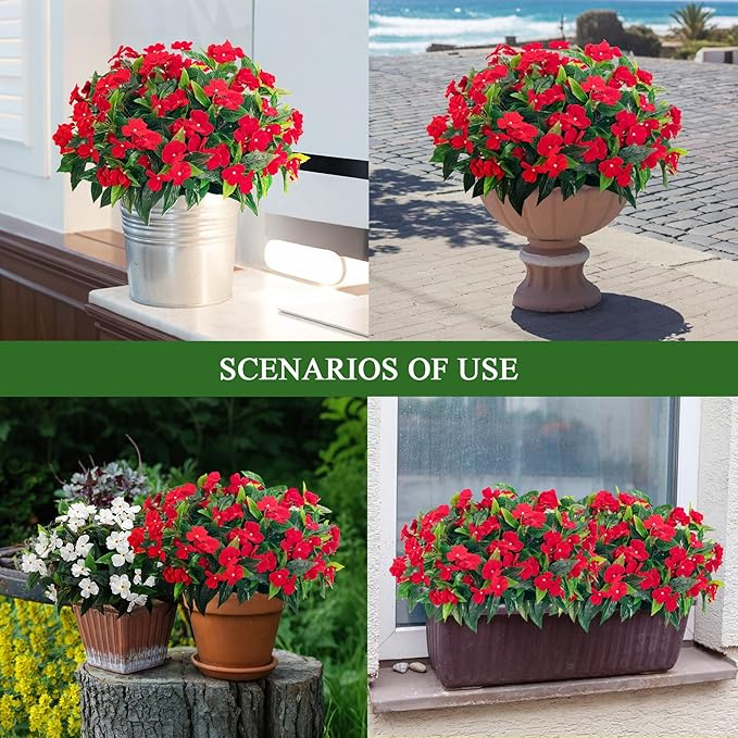 Artificial Impatiens Bouquet Flowers for Outdoors Silk Faux Flowers for Outdoor Impatiens Plants Decor Indoor Planters Kitchen Planters and Balcony Decorations 4PCS (Red)
