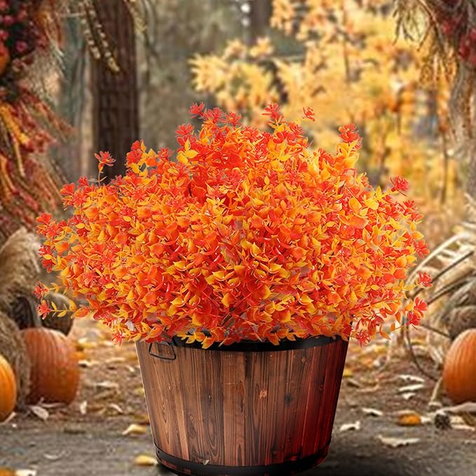 Artificial Fall Flowers for Outdoors, 10 Bundles Artificial Plants UV Resistant Fall Fake Mums Plants for Outside Halloween Christmas Porch Decoration Fall Decor(Orange(Eucalyptus))