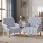 HUIMO Linen Fabric Accent Chairs Set of 2, Mid-Century Modern Armchair with Solid Wood Legs, Single Sofa Chair,Upholstered Reading Club Chair (2, Dark Blue and White Stripe)