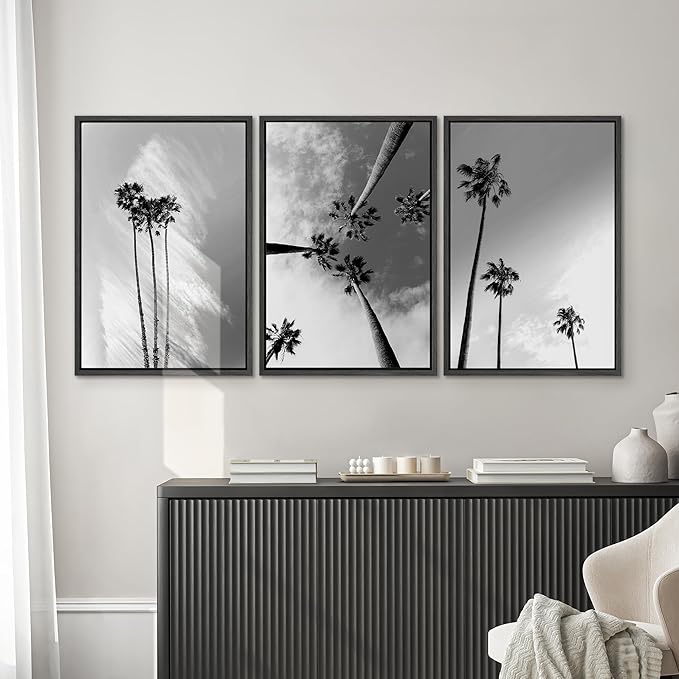 SIGNWIN 3 Piece Framed Canvas Wall Art Black and White Palm Tree Canvas Prints Home Artwork Decoration for Living Room,Bedroom - 24"x36"x3 Panels