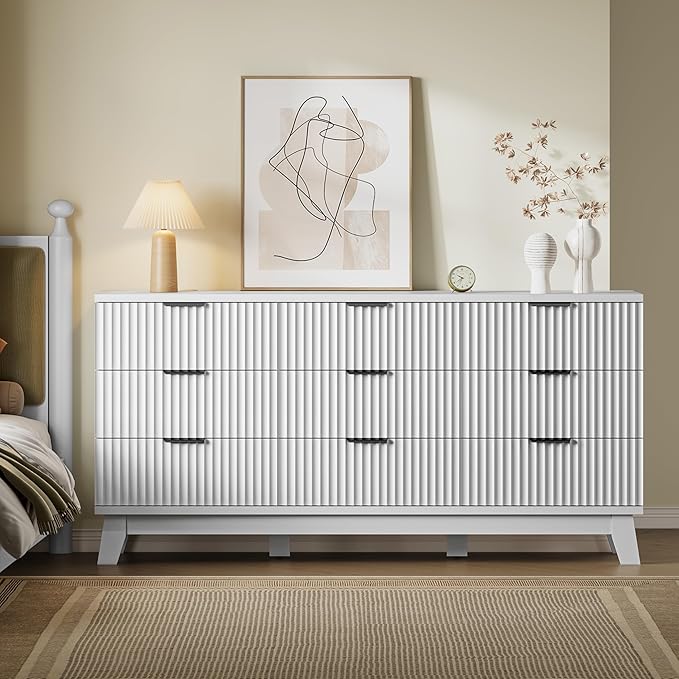63" Long Dresser for Bedroom, 9-Drawer Fluted Dresser, Extra-Wide Wood Chest of Drawers with Smooth Metal Slides, Stable Base, Modern Clothes Storage Cabinet for Living Room, Hallway, Nursery