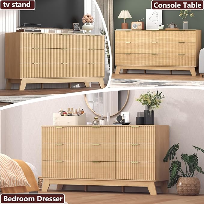 Fluted Dresser for Bedroom,9 Drawer Dresser for Closet,57" Wide Storage Cabinet and Chest of Drawers with Gold Handle,TV Stand,Storage Organizer for Living Room,Hallway,Entryway,Natural Oak