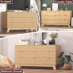 Fluted Dresser for Bedroom,9 Drawer Dresser for Closet,57" Wide Storage Cabinet and Chest of Drawers with Gold Handle,TV Stand,Storage Organizer for Living Room,Hallway,Entryway,Natural Oak