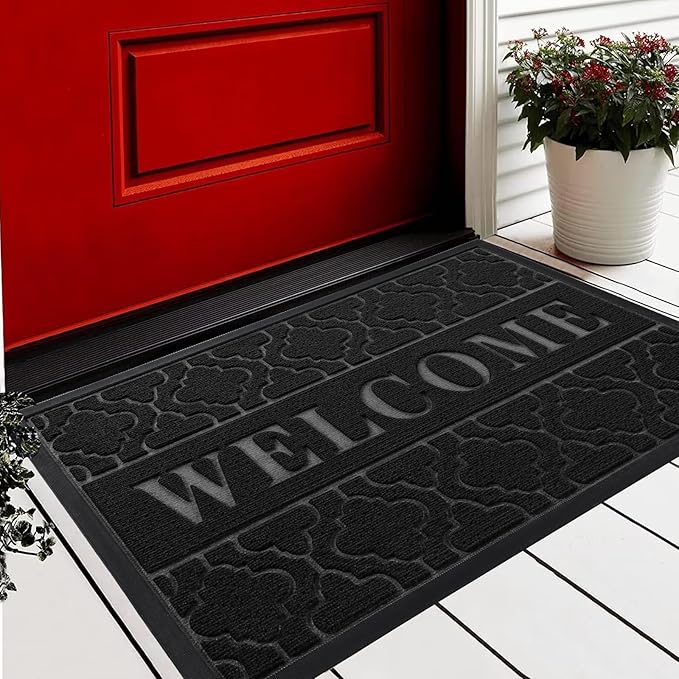 Yimobra Welcome Mat Outdoor Indoor, All-Season Waterproof Front Door Mat Outside Entrance, All-Weather Heavy Duty Non-Slip Doormat, Low Profile Porch Patio Entrance Mats, 29.5x17, Black