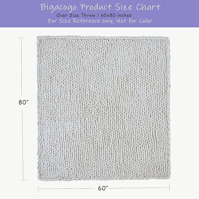 Bigacogo Chunky Knit Throw Blanket for Couch, 60x80 inches, 100% Hand Knitted with Thick Jumbo Chenille Yarn, Cozy Soft Large Rope Knot Cable Crochet Blankets for Sofa Bed Living Room, White