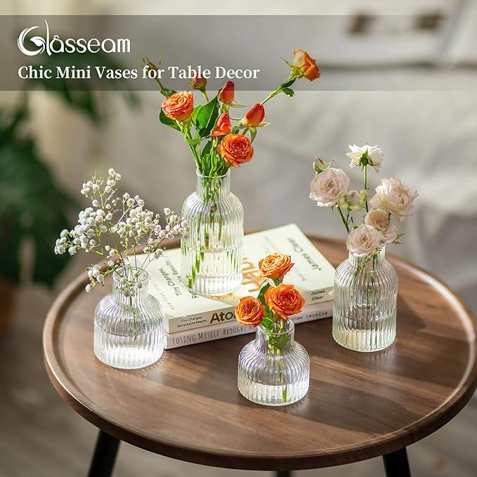Glasseam Glass Bud Vases for Centerpieces: Modern Small Flower Vase Set of 4 for Home Decor - Clear Mini Table Centerpieces for Minimalist Living Room Shelf Kitchen Wedding Party Decorations