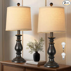 QiMH Farmhouse Table Lamp Set of 2, Rustic Table Lamps for Living Room, Vintage Nightstand Lamp with Rotary Switch, Beside Lamps for Bedroom, Traditional Table Lamps with Linen Shade, Matte Black