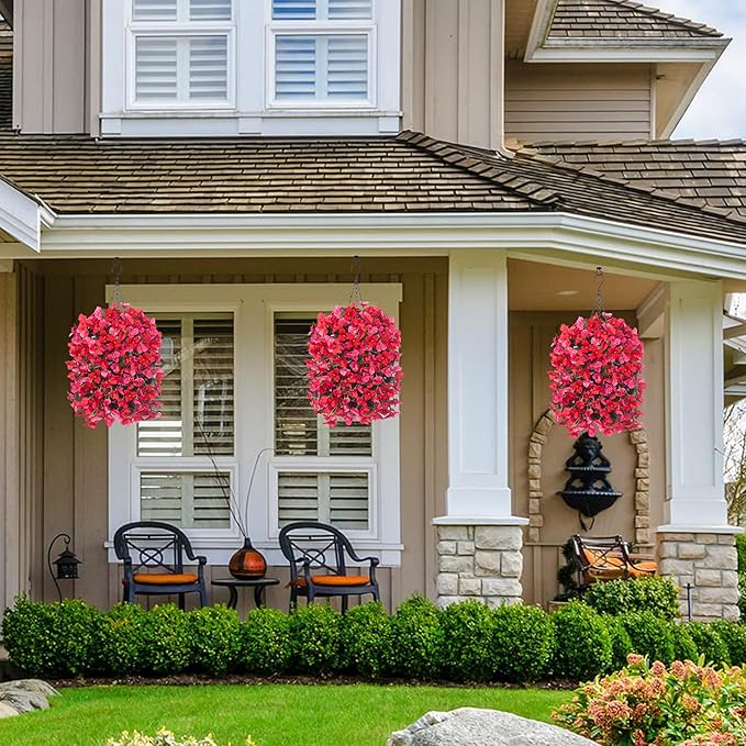 Artificial Bougainvillea Faux Flowers Plants Baskets for Outdoor Outside Decoration, 3 PCS Fake Silk Flowers Long Trailing Vines UV Resistant Realistic for Front Door Porch Patio Balcony, RedHotpink