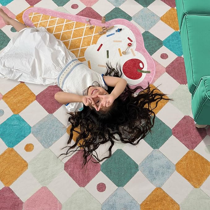 jinchan Kids Rug for Nursery 6ft Radius Corner Washable Area Rug Modern Colorful Quarter Circle Rug Soft Non-Slip Carpet for Bedroom Playroom Daycare Reading Nook Kitchen Classroom Confetti on Cream