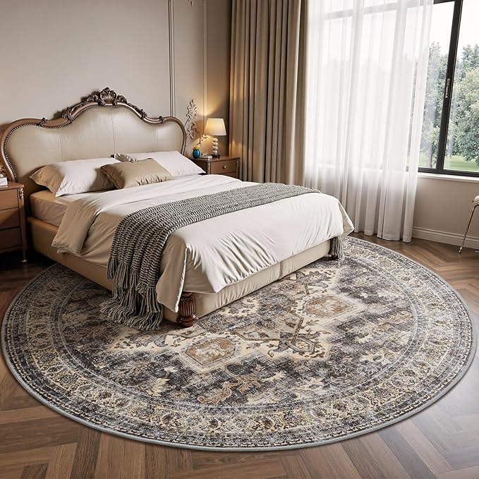 6 ft Round Rugs for Living Room Bedroom Rug Circle Area Rug for Dining Room Table Throw Vintage Circular Rugs Washable Soft Comfortable Brown