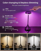 EZVALO Cordless Table Lamps Rechargeable, Portable 6000mAh Battery Operated Table Lamp, 3 Color & RGB Lighting Stepless Dimming Waterproof Table Light for Outdoor/Dinner/Restaurant/Patio/Bar(1 Pcs)
