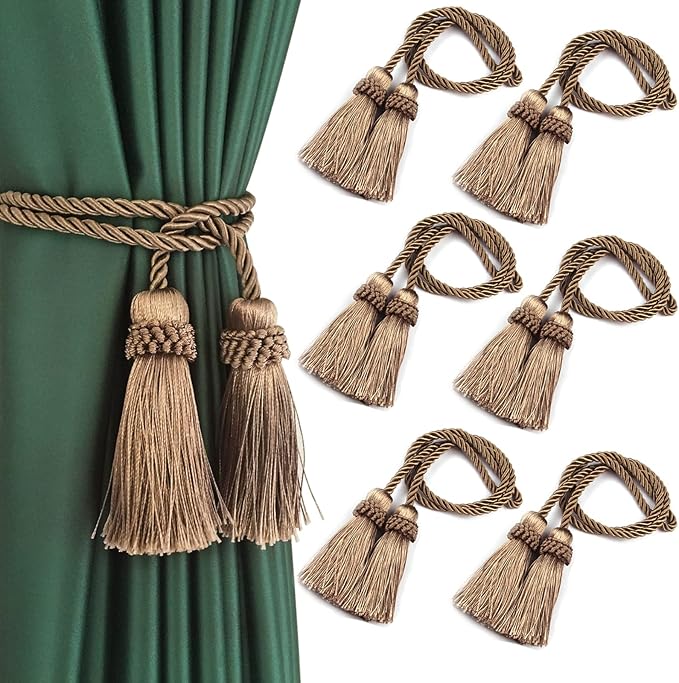 Fenghuangwu Curtain Tiebacks Handmade Decorative Curtain Holdbacks Rope with Tassel (flaxen, 6P)