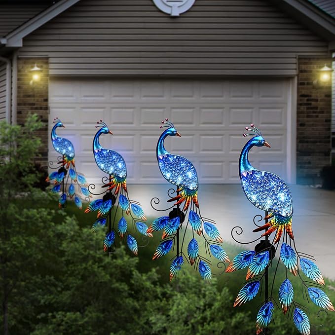 TERESA'S COLLECTIONS Garden Decor Blue Peacock with Solar Outdoor Lights, 40" Glass Yard Art for Outside, Decorative Metal Stake Outdoor Decor for Lawn Decorations, Patio, Gifts for Mom