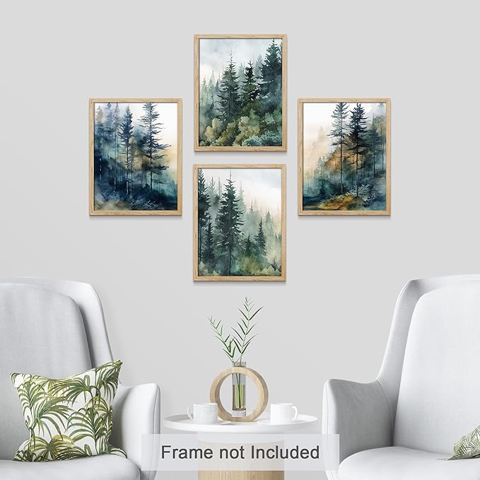 SIGNWIN Adhesive Canvas Poster Green & Teal Watercolor Forest Pine Trees Nature Wilderness Photography Realism Decorative Rustic Cozy Zen for Living Room, Bedroom, Office - 8"x10"x 4