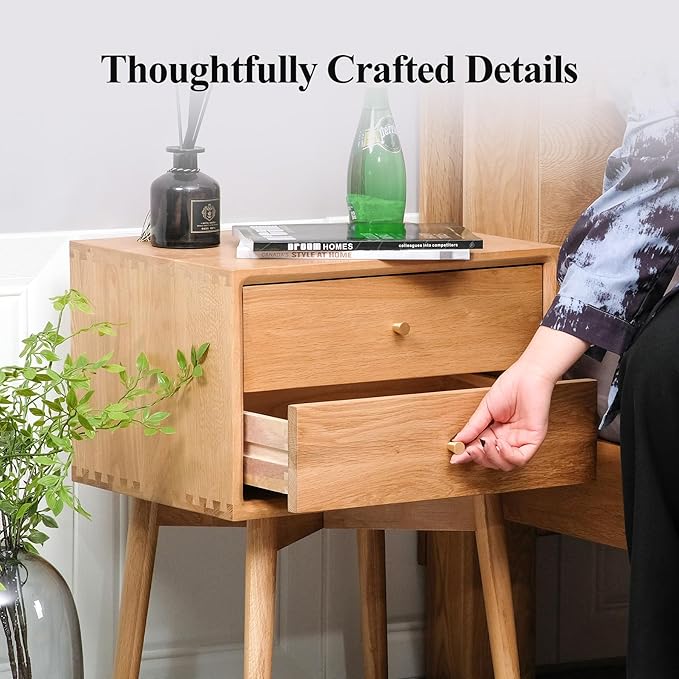 Night Stand, Midcentury Modern Solid Wood Nightstand with Drawer, Durable Sturdy Tall Bedside Tables with High Stool Leg, 17.72 W x 13.78 D x 23.63 H Inches (Natural)