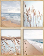 SIGNWIN Framed White Beach Grass Cloudy Ocean Sea Wave Horizon Wall Art, Set of 4 Landscape Colorful Wall Decor Prints, Nature Wilderness Wall Décor for Living Room, Bedroom - 11"x14" Natural