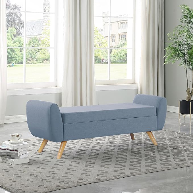 HomePop Modern Storage Bench with Wood Legs |Homepop Home Décor|Bench with Storage for Living Room & Bedroom - French Blue Woven
