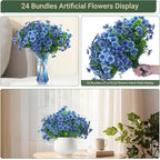 24 Bundles Artificial Flowers for Outdoors & Indoors – UV Resistant Faux Plastic Plants for Garden, Patio, Porch, Window Box, Home Decor – Lush & Vibrant Fake Flowers, Blue