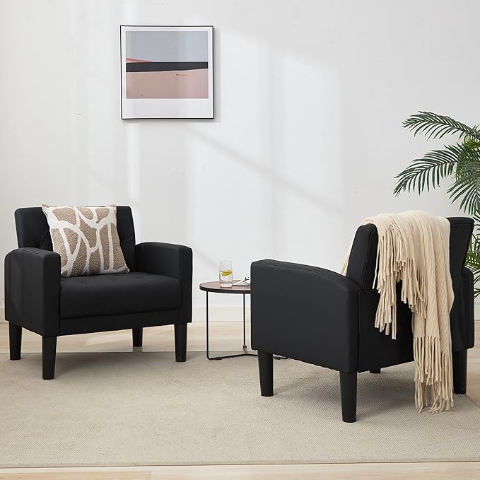 TYBOATLE Leather Chairs Set of 2 Comfy Living Room Chair Black Leather Tufted Mid Century Modern Accent Chair, Small Cozy Reading Arm Chair for Office, Bedroom