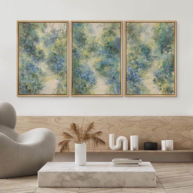 SIGNWIN Framed Canvas Print Wall Art Blue and Green Floral Impressionist Nature Scene Photography Modern Art Minimalist Black and White for Living Room, Bedroom, Office - 24"x36"x3 Natural