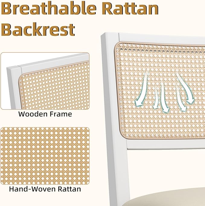 Westice Rattan Dining Chairs Set of 6, Farmhouse Natural Dining Room Chairs with Upholstered Cushion, Wood Armless Chairs for Kitchen/Restaurant, White