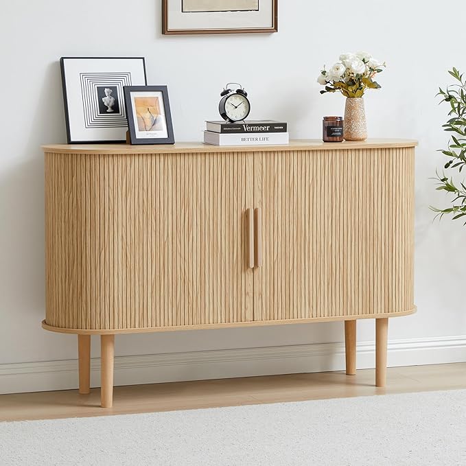 53''Sideboard Buffer Cabinet with Fluted Slide Doors, Modern Credenza Storage Cabinet, Tambour Bar Console Table for Living Dining Room Kitchen Hallway Entryway, Natural